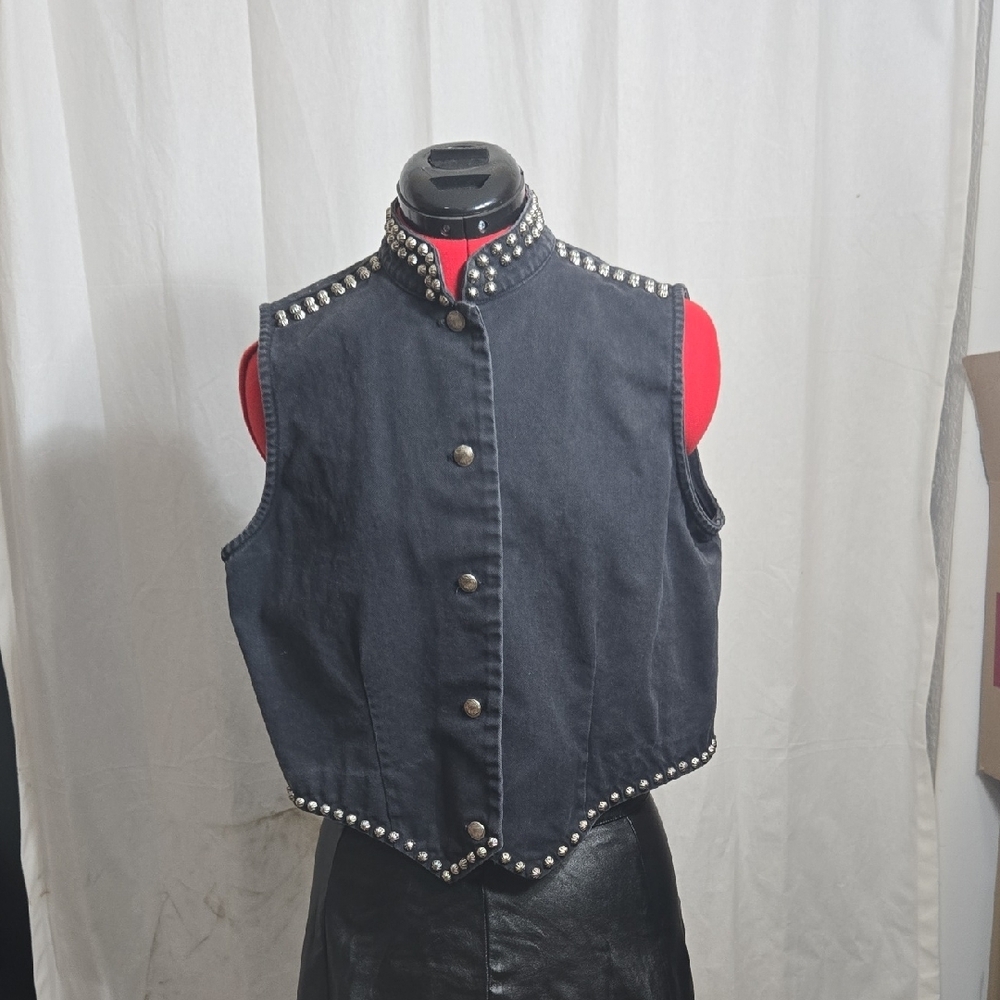 Vintage Studded Black Denim Western Vest
